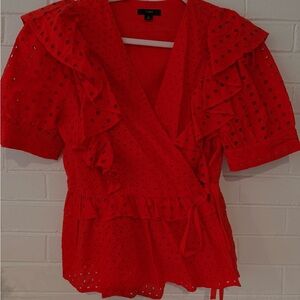 J. Crew Red Eyelet Wrap Top